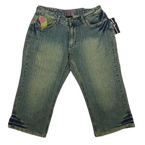 PZI Jeans Womens Bermuda Shorts Size 4 Rose Embroidered Distressed Wash Low Rise
